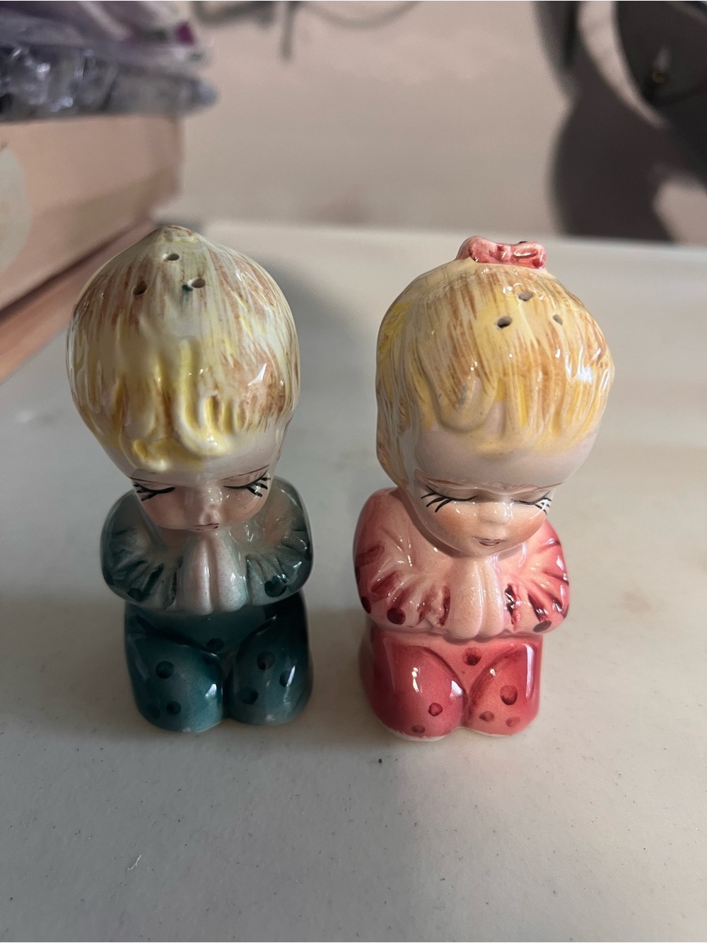 Vintage Ceramic Praying Boy & Girl Salt and Pepper Shakers - Teal & Pink